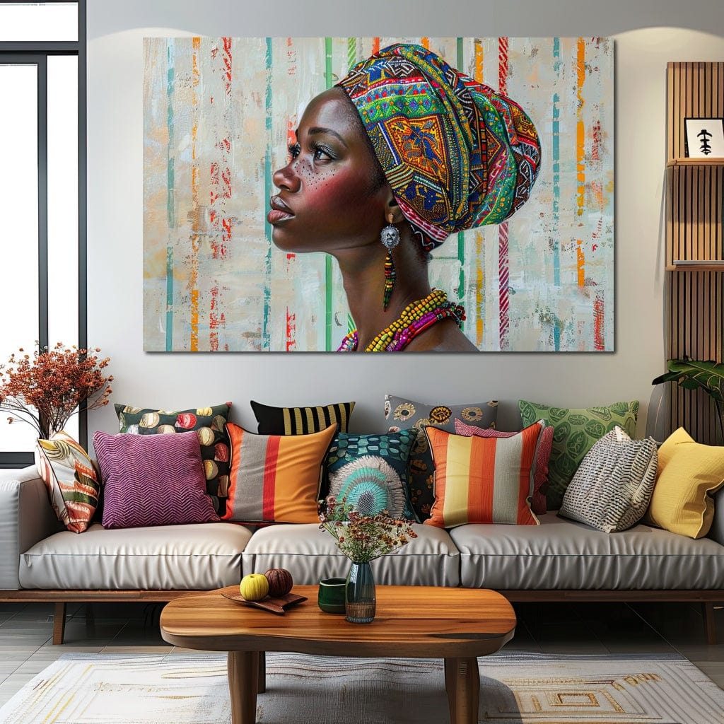 Tablou canvas decorativ cu tablou canvas cu femeie africana si turban colorat